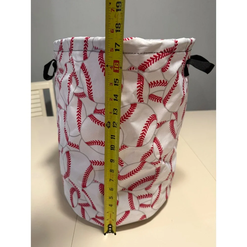 Baseball Print Storage Bin Laundry Hamper Toy Organizer Sports Theme White Red